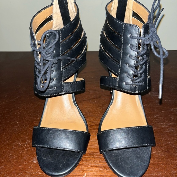 Report Signature Black Strappy Leather High Heeled Sandals Lace Up - Sz 7 - Picture 2 of 8